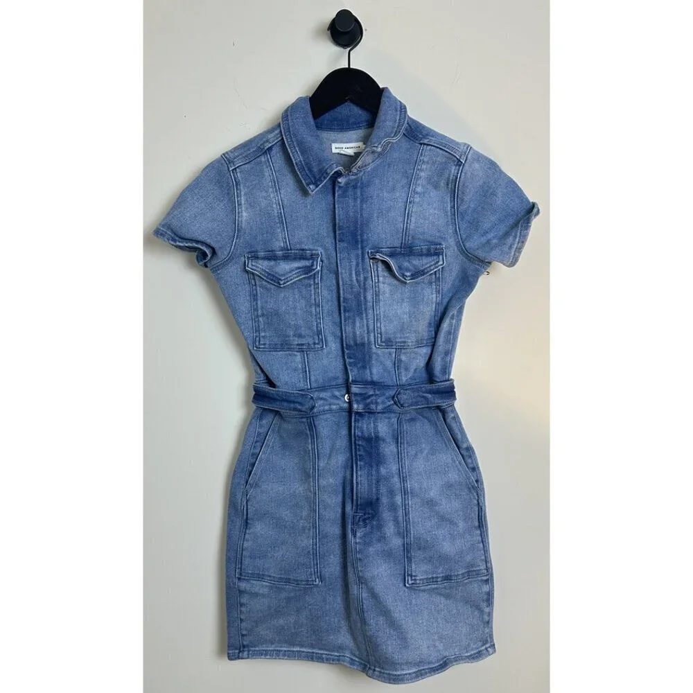 GOOD AMERICAN Fit for Success Denim Utility Dress Denim Medium Blue Size Small - Picture 4 of 16